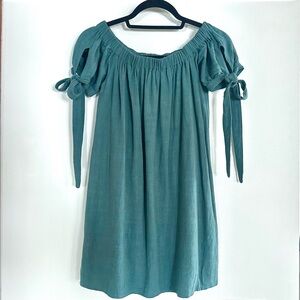 Lulus Al Fresco Evenings Off Shoulder Mini Dress Green Blue Tie Sleeve Size S